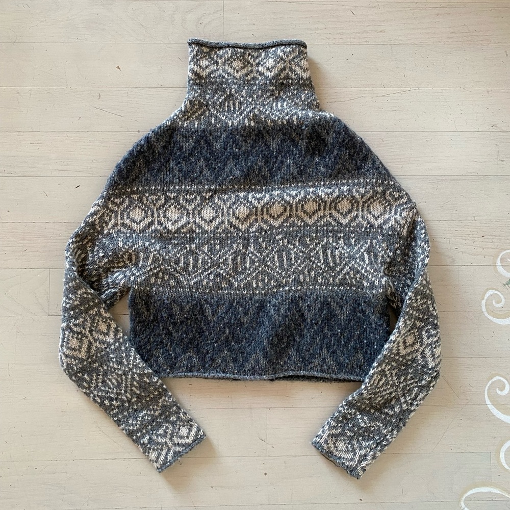 Vince Fair Isle Wool Blend Cropped Turtleneck Sweater